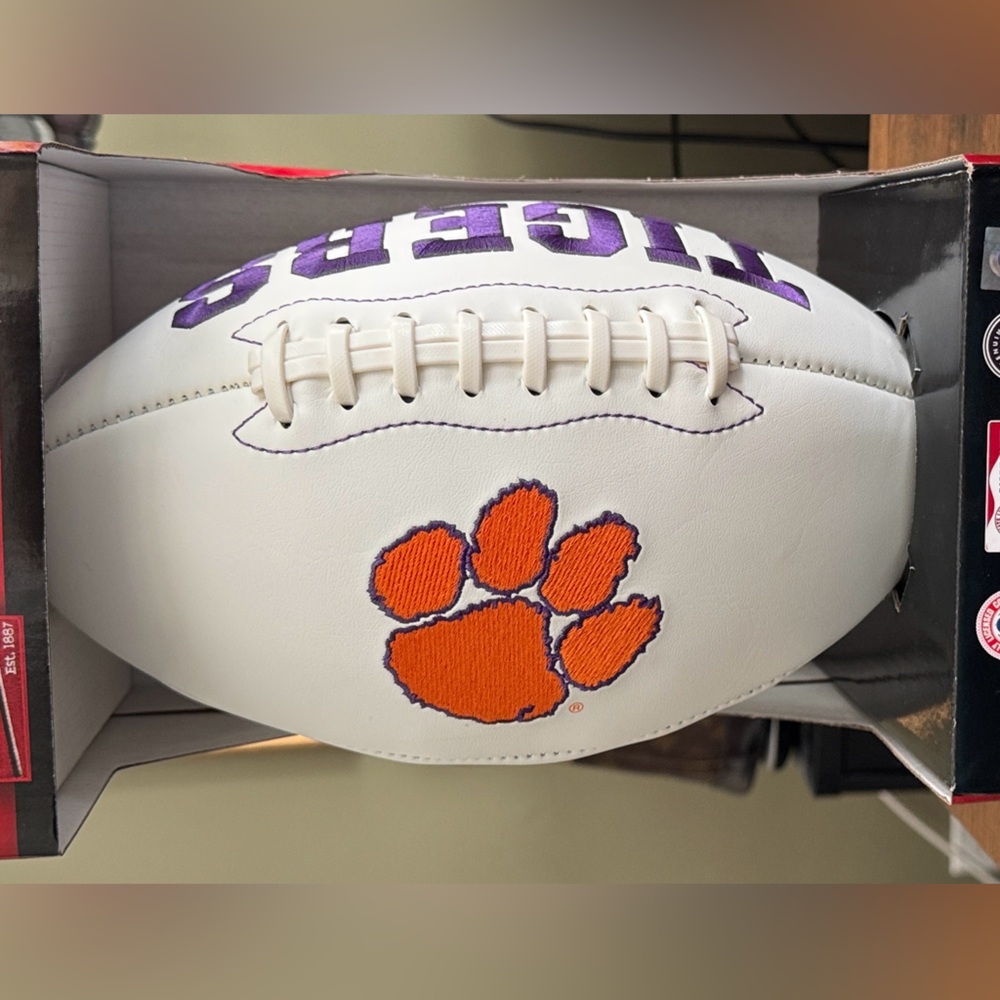 Clemson Rawlings White & Brown Football with Orange Tiger Paw and Purple TIGERS